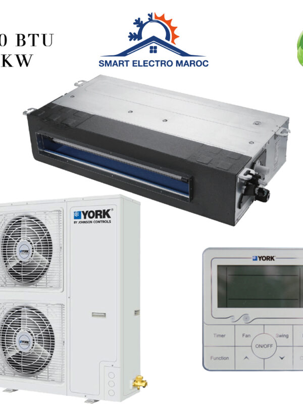 Climatiseur York Gainable 48000 BTU Inverter 14.1 kW, idéal pour les grandes surfaces commerciales, avec performance et efficacité énergétique.