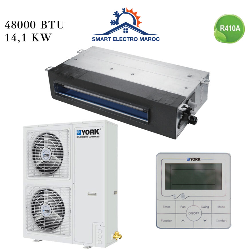 Climatiseur York Gainable 48000 BTU Inverter 14.1 kW, idéal pour les grandes surfaces commerciales, avec performance et efficacité énergétique.