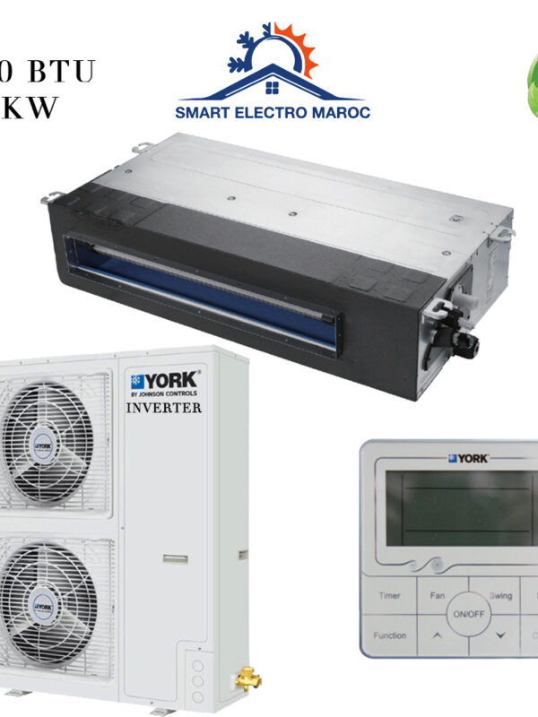 Climatiseur York Gainable 60000 BTU Inverter 16.5 kW, parfait pour grands espaces commerciaux, avec haute performance et efficacité énergétique.