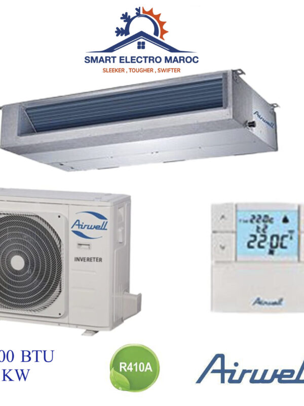 Climatiseur Gainable Airwell 12000 BTU Inverter 3.5 kW, discret, performant et économe en énergie, idéal pour les petites surfaces.