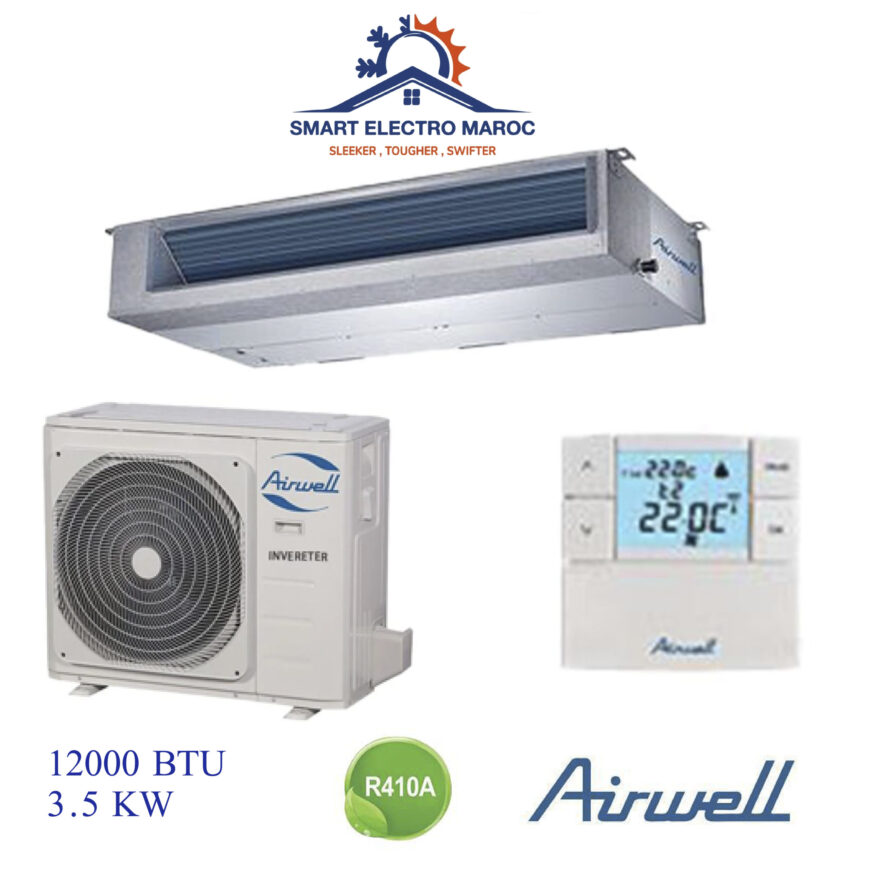 Climatiseur Gainable Airwell 12000 BTU Inverter 3.5 kW, discret, performant et économe en énergie, idéal pour les petites surfaces.
