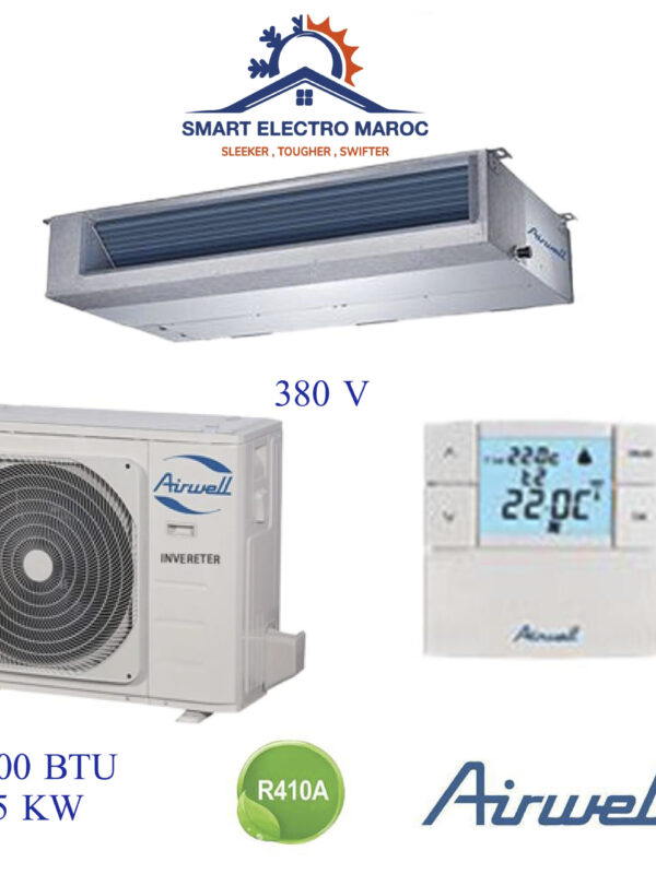 Climatiseur Gainable Airwell 36000 BTU Inverter 10.5 kW 380V, idéal pour les grandes surfaces, offrant performance et économie d’énergie.