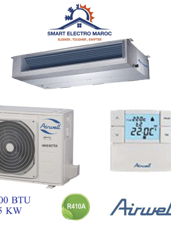 Climatiseur Gainable Airwell 36000 BTU Inverter 10.5 kW, idéal pour les grandes surfaces, offrant performance et économie d’énergie.