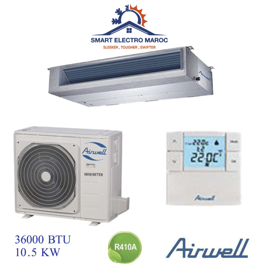 Climatiseur Gainable Airwell 36000 BTU Inverter 10.5 kW, idéal pour les grandes surfaces, offrant performance et économie d’énergie.