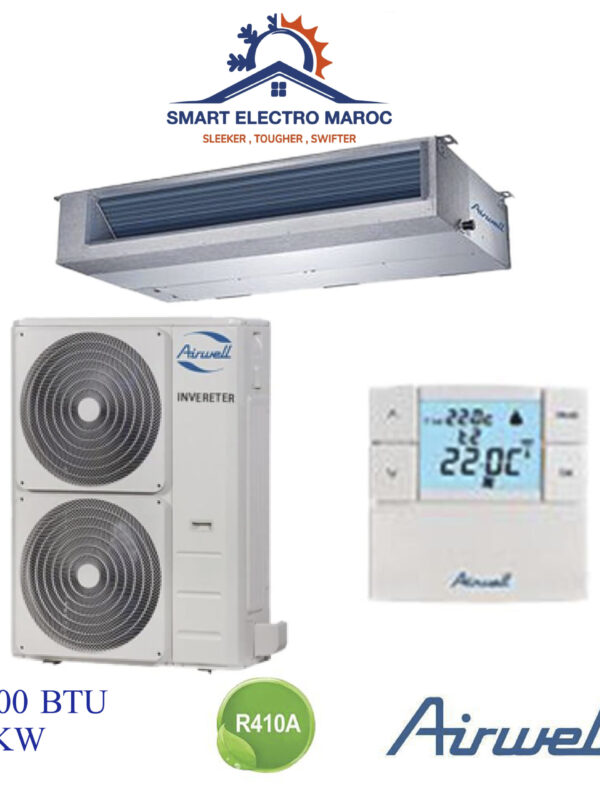 Climatiseur Gainable Airwell 48000 BTU Inverter 14 kW, idéal pour les grandes surfaces, offrant performance et économie d’énergie.