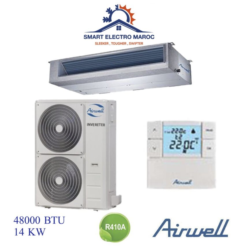 Climatiseur Gainable Airwell 48000 BTU Inverter 14 kW, idéal pour les grandes surfaces, offrant performance et économie d’énergie.