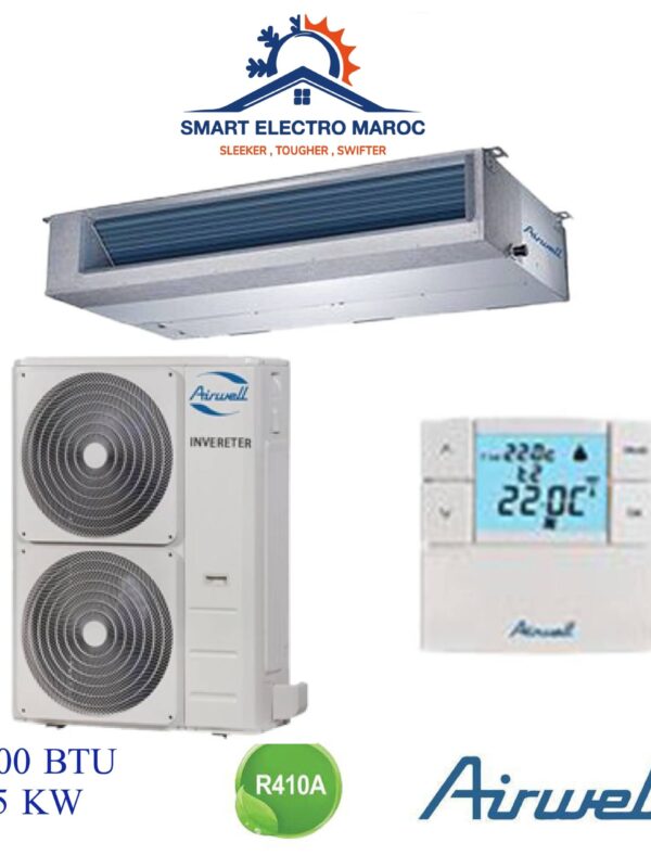 Climatiseur Gainable Airwell 60000 BTU Inverter 16 kW, idéal pour les grandes surfaces, offrant confort et économie d’énergie.