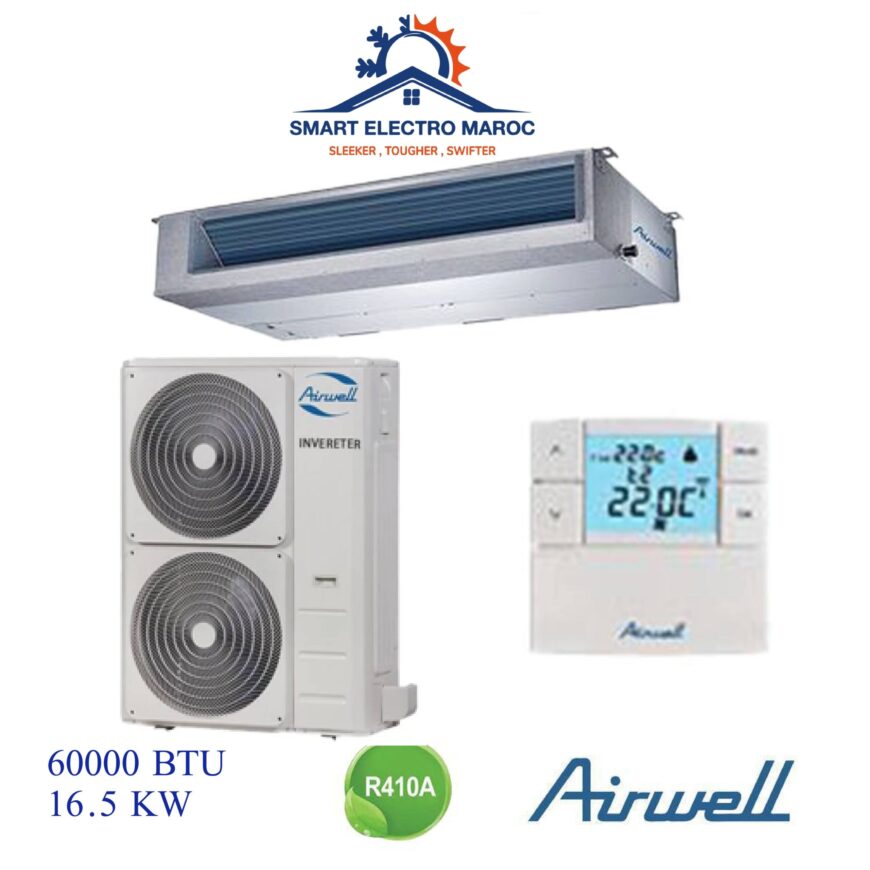 Climatiseur Gainable Airwell 60000 BTU Inverter 16 kW, idéal pour les grandes surfaces, offrant confort et économie d’énergie.