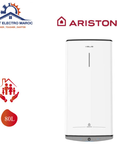 Chauffe-eau Ariston électrique Velis Evo 80L, système de chauffage rapide, économie d'énergie, design compact et moderne, idéal pour les foyers au Maroc.