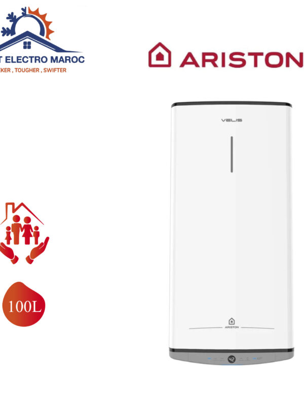 Chauffe-eau électrique Ariston Velis Evo 100L, design compact et performant, idéal pour les foyers au Maroc, avec économie d’énergie et installation facile.