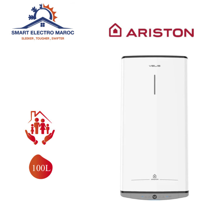 Chauffe-eau électrique Ariston Velis Evo 100L, design compact et performant, idéal pour les foyers au Maroc, avec économie d’énergie et installation facile.