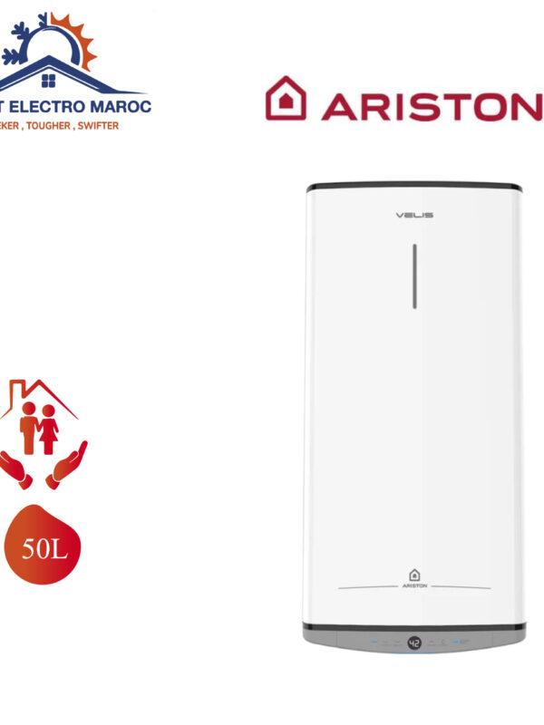 Chauffe-eau Ariston Velis Evo 50L, chauffe rapide, économie d’énergie, design compact, idéal pour les petits foyers au Maroc. Installation facile et fiable.
