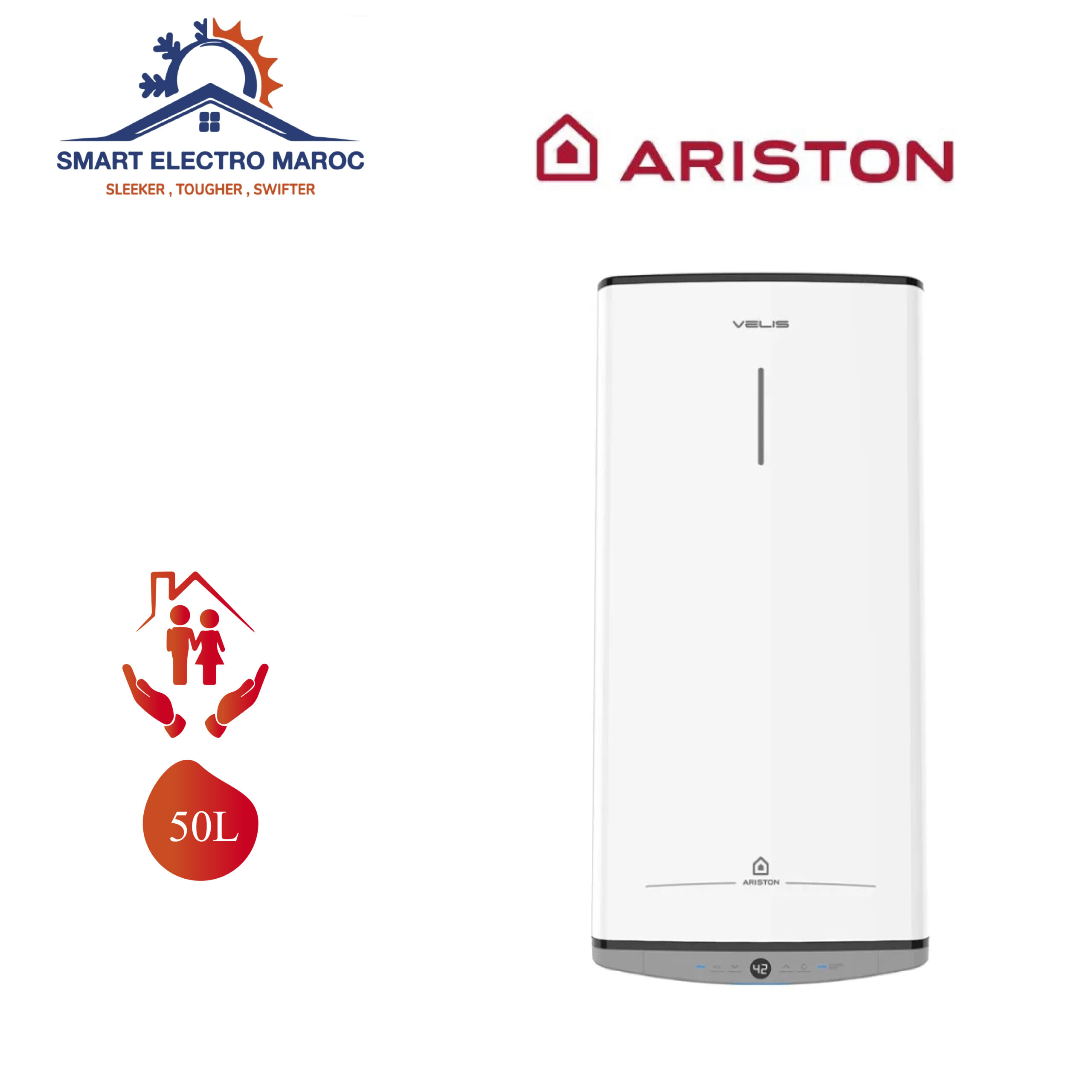 Chauffe-eau Ariston Velis Evo 50L, chauffe rapide, économie d’énergie, design compact, idéal pour les petits foyers au Maroc. Installation facile et fiable.