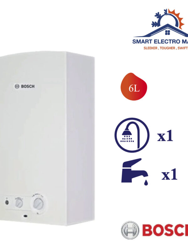 Chauffe-eau à gaz Bosch 6 L, compact et performant, parfait pour un usage domestique économique.