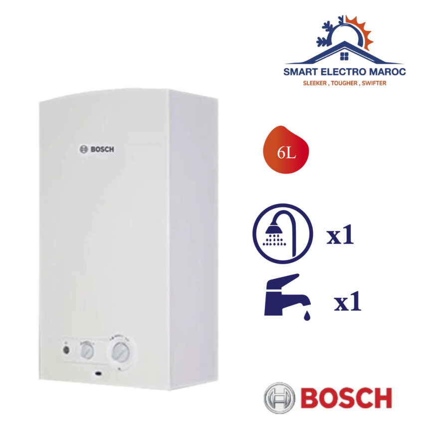 Chauffe-eau à gaz Bosch 6 L, compact et performant, parfait pour un usage domestique économique.