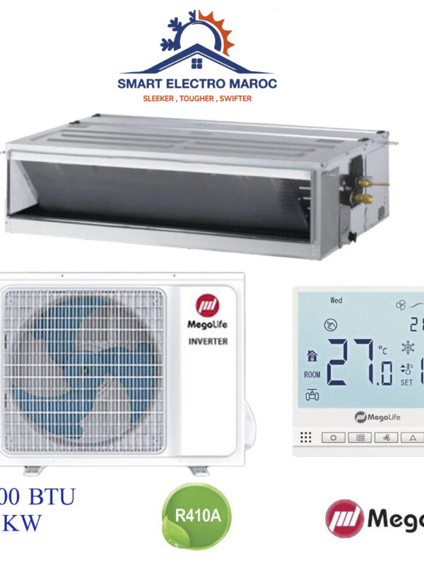 Climatiseur Gainable Mégalife 12000 BTU Inverter 3.5 kW, écoénergétique et silencieux, pour les petites et moyennes surfaces.