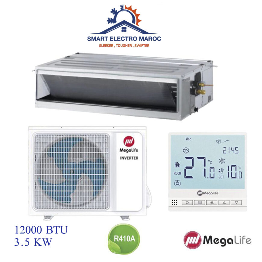 Climatiseur Gainable Mégalife 12000 BTU Inverter 3.5 kW, écoénergétique et silencieux, pour les petites et moyennes surfaces.