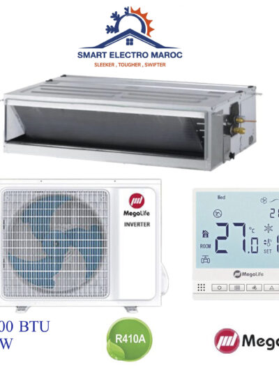 Climatiseur Gainable Mégalife 24000 BTU Inverter 7 kW, écoénergétique et silencieux, pour les grandes surfaces.