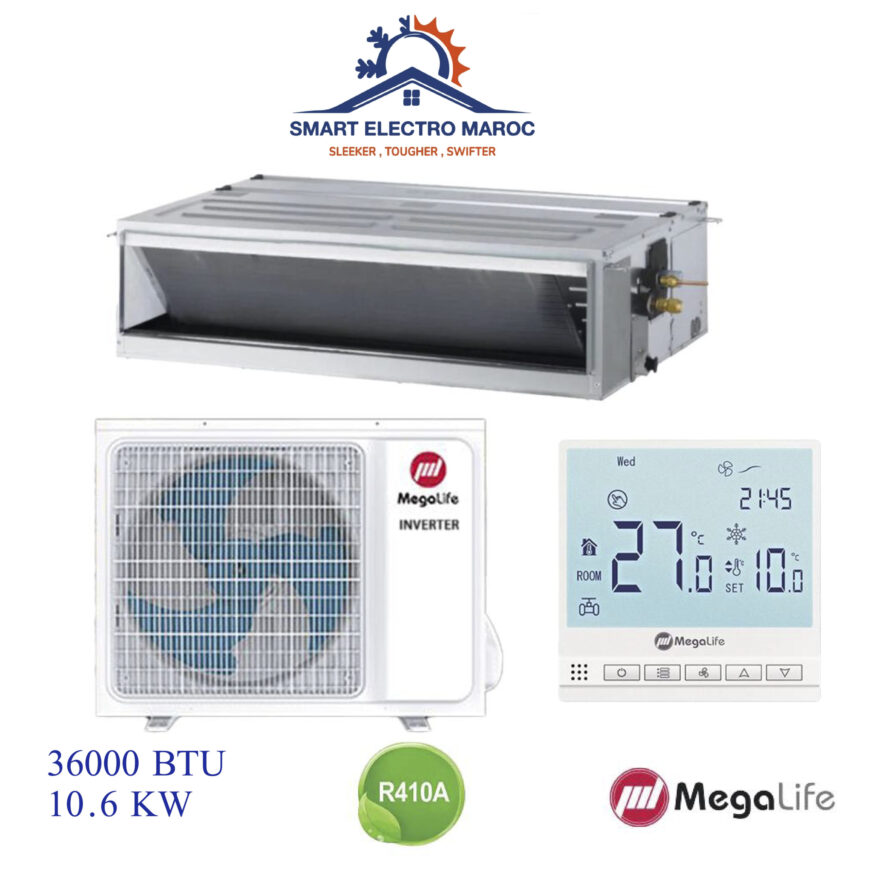 Climatiseur Gainable Mégalife 36000 BTU Inverter 10.5 kW, efficace et écoénergétique, conçu pour les grandes surfaces.