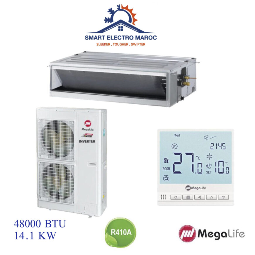 Climatiseur Gainable Mégalife 48000 BTU Inverter 14.1 kW, performant et écoénergétique, conçu pour très grandes surfaces.