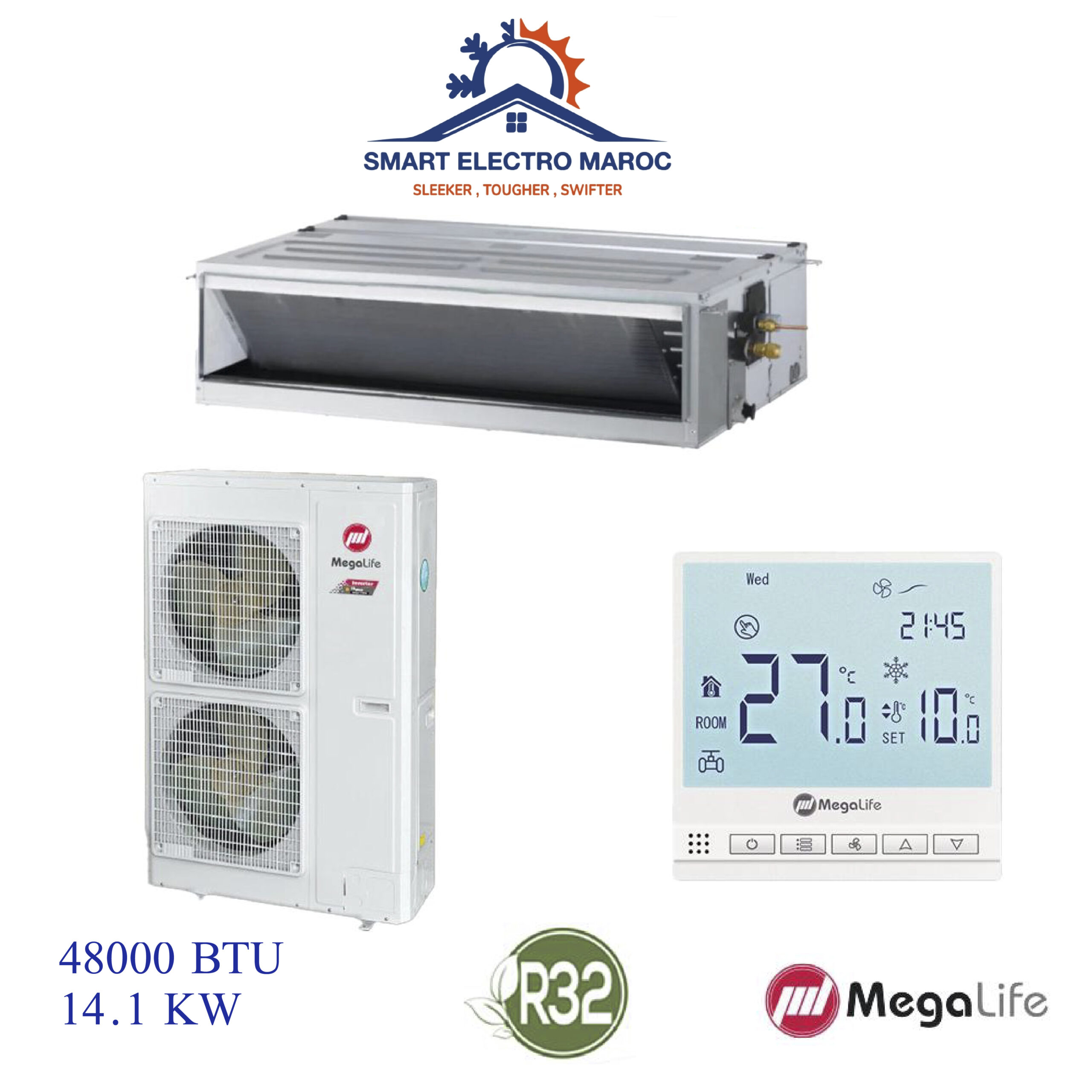 Climatiseur Gainable Mégalife 48000 BTU Inverter R32, refroidissement rapide et discret pour très grandes surfaces.