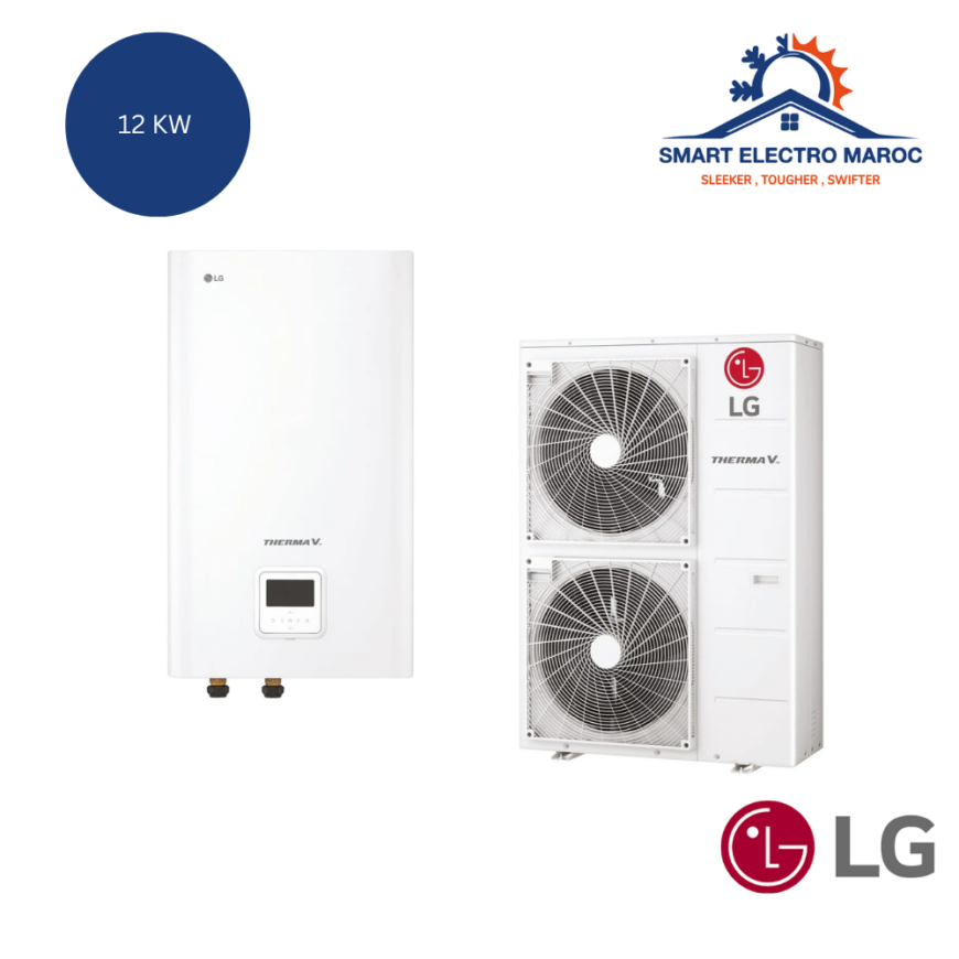 Pompe à chaleur LG Therma V 12 kW triphasé 380V avec hydro kit, efficacité énergétique maximale.
