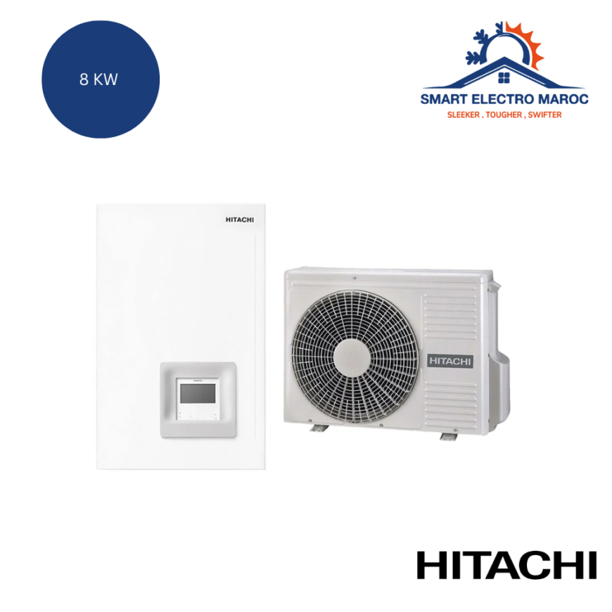 Pompe à chaleur air-eau Hitachi 8 kW Inverter R32 avec livraison au Maroc.