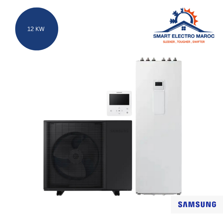 Pompe à chaleur Samsung EHS HT 12 kW avec ballon 200 L, chauffage performant et écologique.